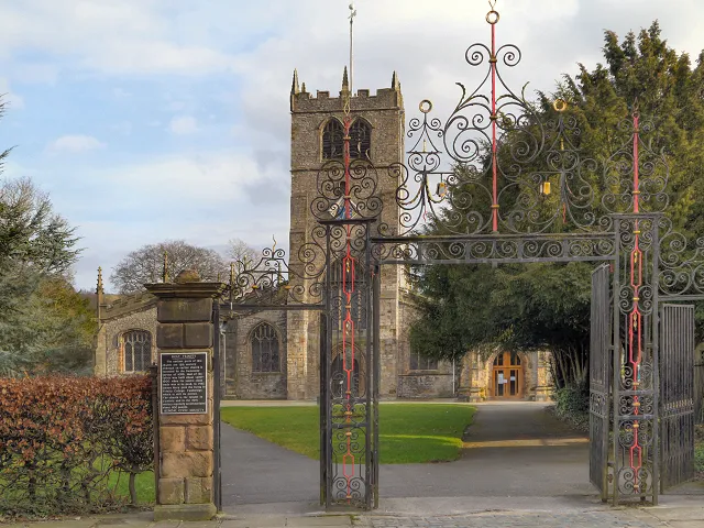 Churchyard gates of Holy Trinity parish church, Kirkland, Kendal, Cumbria, seen from the west