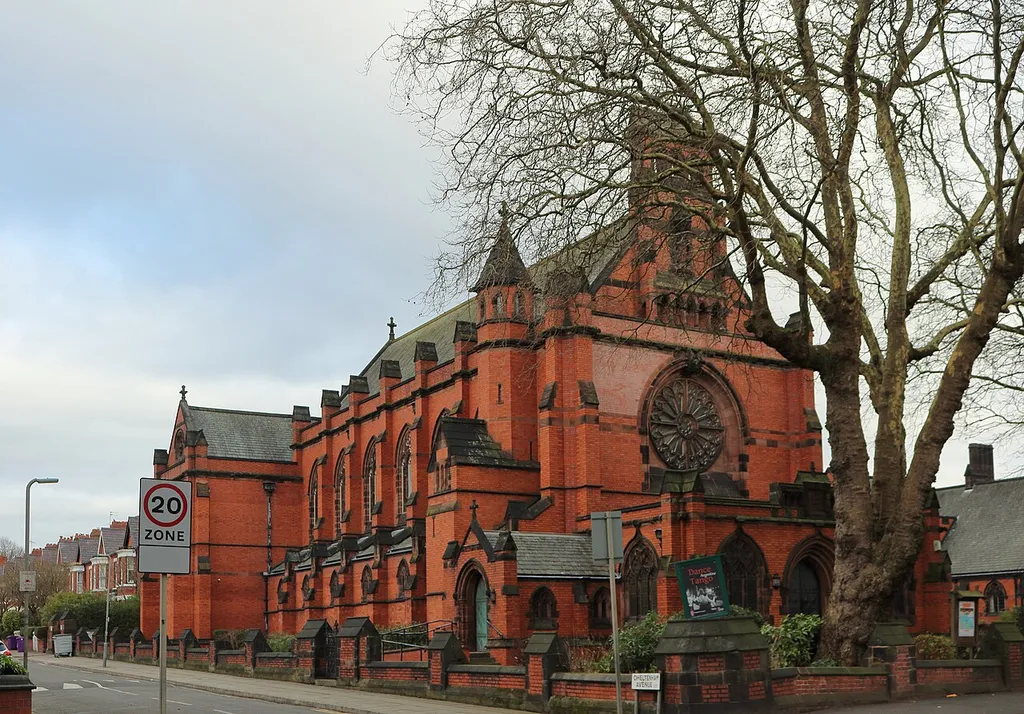 Grade I listed church in Liverpool; western elevation (south aisle) along Cheltenham Avenue from Ullet Road.