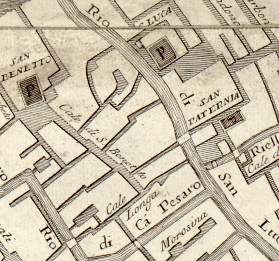 Posizione della chiesa di San Paternian nella mappa di Lodovico Ughi