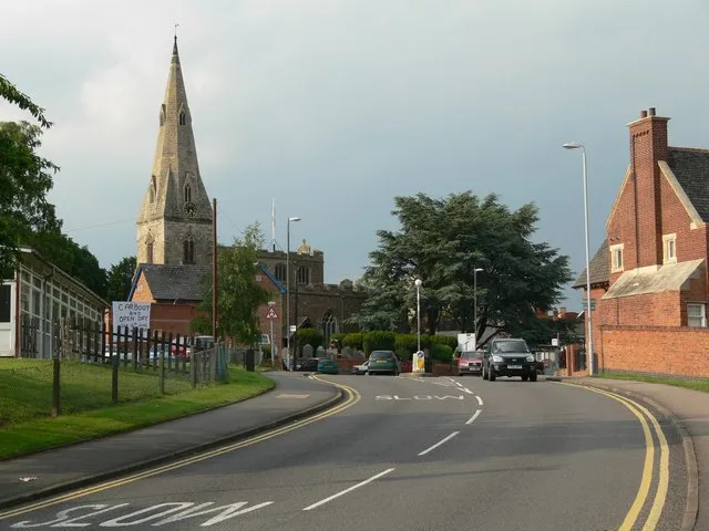 Wigston Road, Oadby, Leicester, looking north toward St Peter's parish church