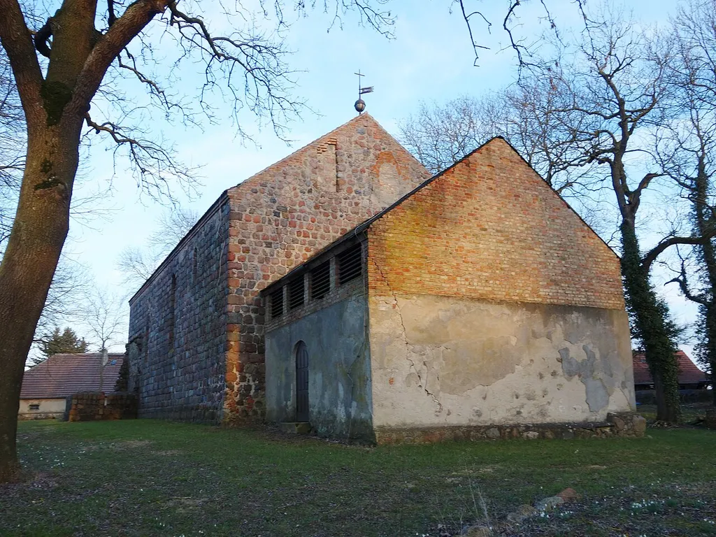 West-north-western view of the church in Woddow , Brüssow municipality, Uckermark district, Brandenburg state, Germany