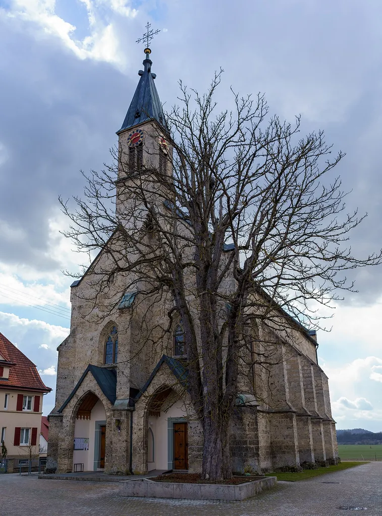 Horse-chestnut tree in front of St. Nikolaus church in Stetten an der Donau. German natural monument LUBW 83270360016 - "Rosskastanie bei der Kirche"