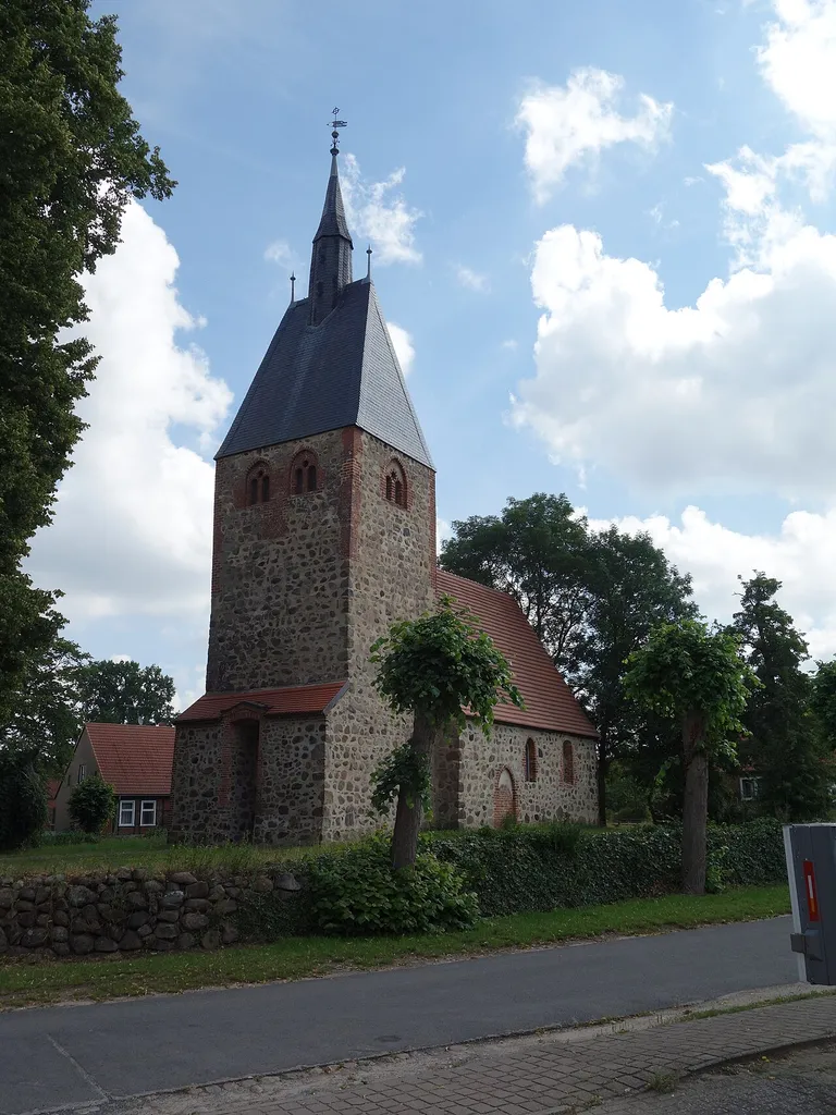 South-western view of the church in Sarnow , Pritzwalk municipality , Prignitz district, Brandenburg state, Germany.