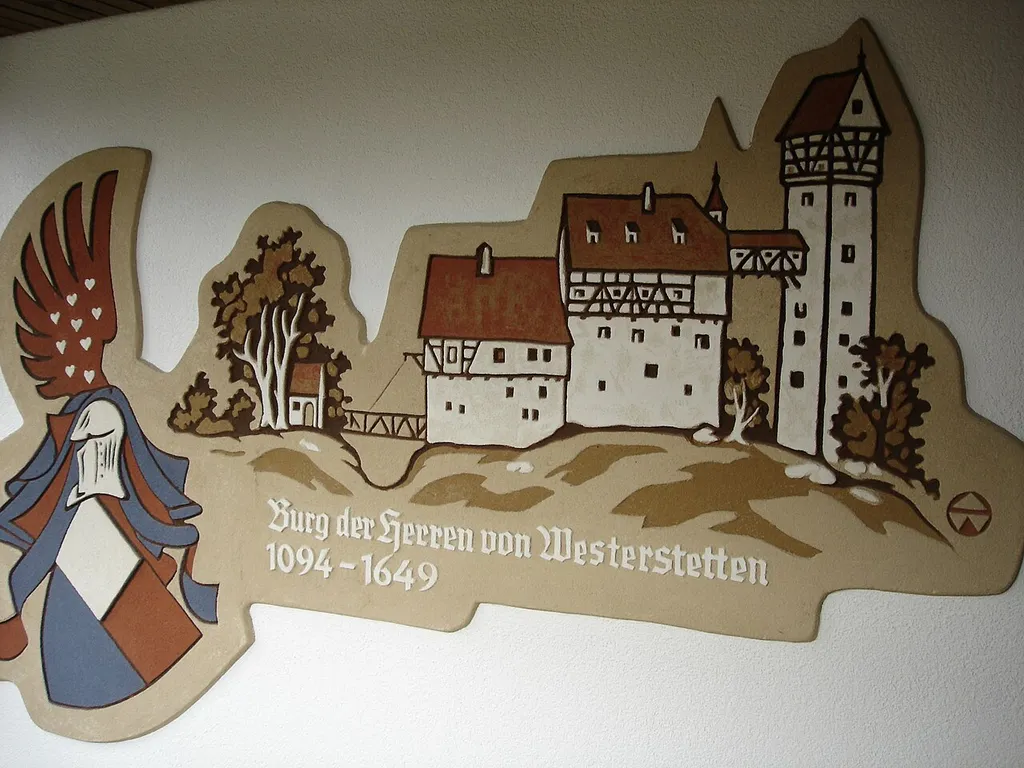 The former castle of Westerstetten, sgraffito of the reconstuction, located in the town hall of Westerstetten