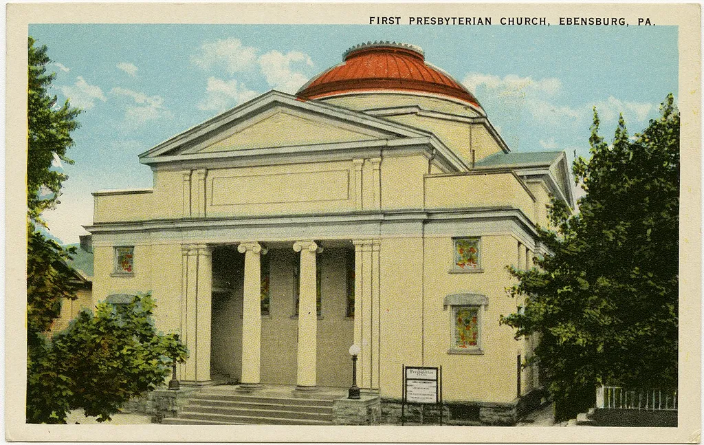 First Presbyterian Church in Ebensburg, Pennsylvania from a pre-1923 postcard From RG 428, Postcard Collection, Presbyterian Historical Society, Philadelphia, Pennsylvania.