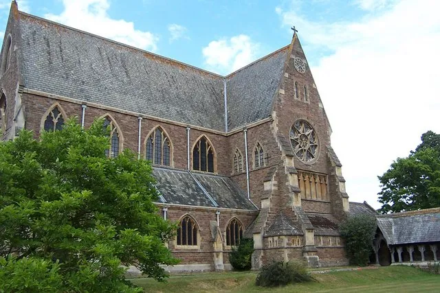 Parish church of St Michael and All Angels, Tenbury Wells, Worcestershire, seen from the southwest from the cloister lawn