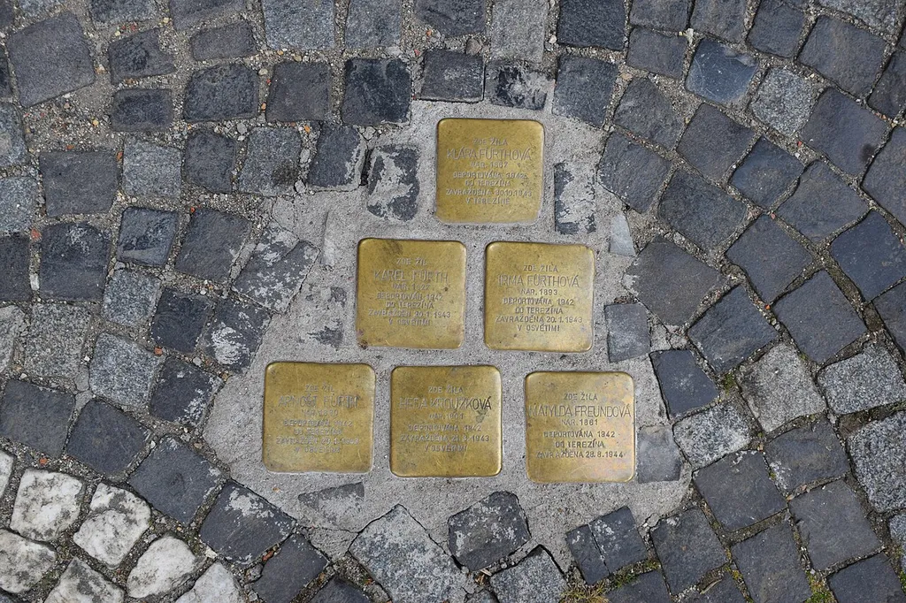 Stolpersteine in Kostelní Street in Sušice commemorating Klára Fürth, Karel Fürth, Irma Fürth, Arnošt Fürth, Heda Kroužek and Matylda Freund