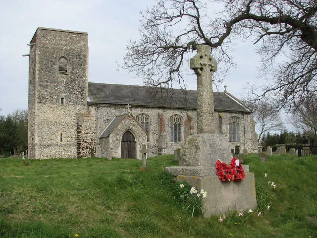 All Saints Church and War Memorial, Skeyton All Saints church has a12th century nave that is delineated in brown carstone, and the lower part of the tower, situated at the south end of the west wall, is believed to date from the same time. The interior was extensively restored in Victorian times: the benches date from 1846 > 734558 - 734560, the elaborate font cover is from 1855 > 734561 and the plaster cast royal arms commemorate Queen Victoria's Jubilee in 1887 > 734565. One earlier survival is a 17th century tomb slab at the east end of the nave, near the south wall > 734566. The church is kept locked, a key is available. http://www.norfolkchurches.co.uk/skeyton/skeyton.htm