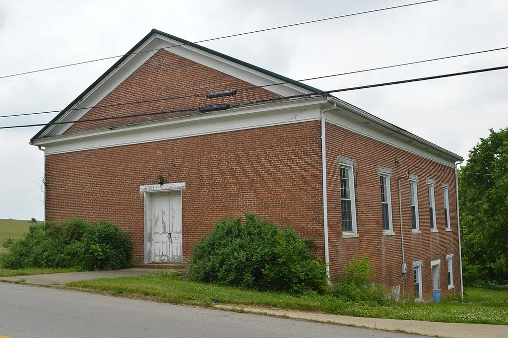 Front and western side of the former Elizaville Presbyterian Church, located on the southern side of Kentucky Route 32 east of the Kentucky Route 170 intersection in Elizaville, Kentucky, United States. Built in 1861, it is listed on the National Register of Historic Places.