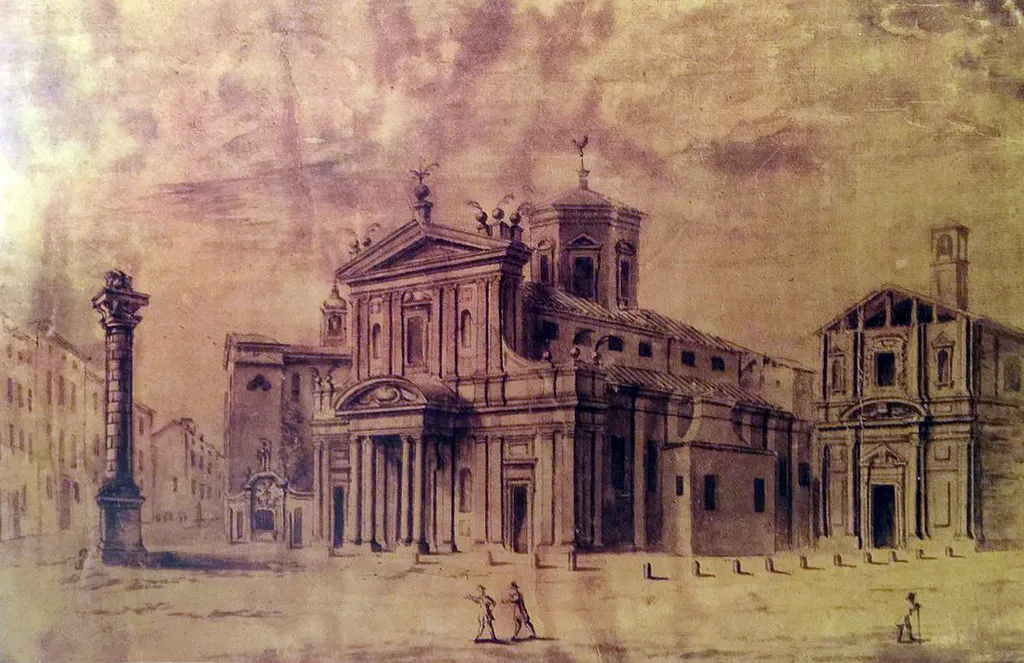 San Babila in centro, la chiesa di San Romano a destra e la chiesa di Santa Marta a sinistra, stampa di G.B. Riccardi, 1734