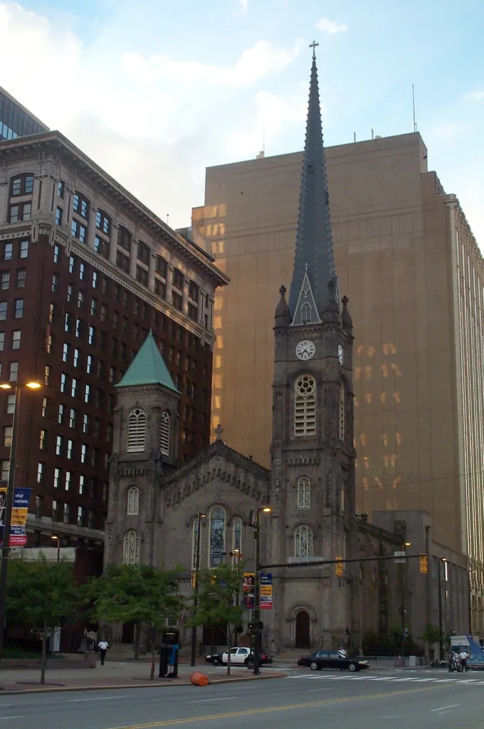Edited by myself from "Downtown Church," by stuart_spivack. The Old Stone Church in Cleveland, Ohio, is a historic Presbyterian church in Ohio. Author: stuart spivack Source: https://www.flickr.com/photos/stuart_spivack/39456488/