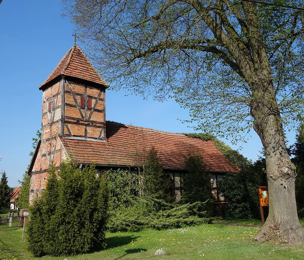 South-south-western view of church in Witzke, Seeblick municipality, Havelland district, Brandenburg state, Germany.