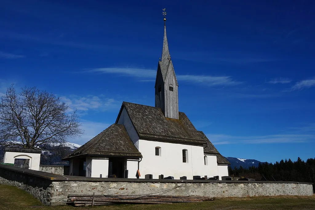 Catholic Church St.Magdalena, South view with Cemetery in Austria, Carinthia, Tragail, community Stockenboi, area Villach.