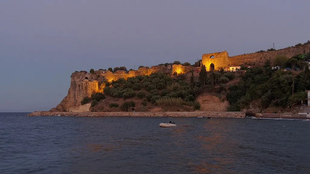 View of Koroni Castle from the harbour, at dusk.