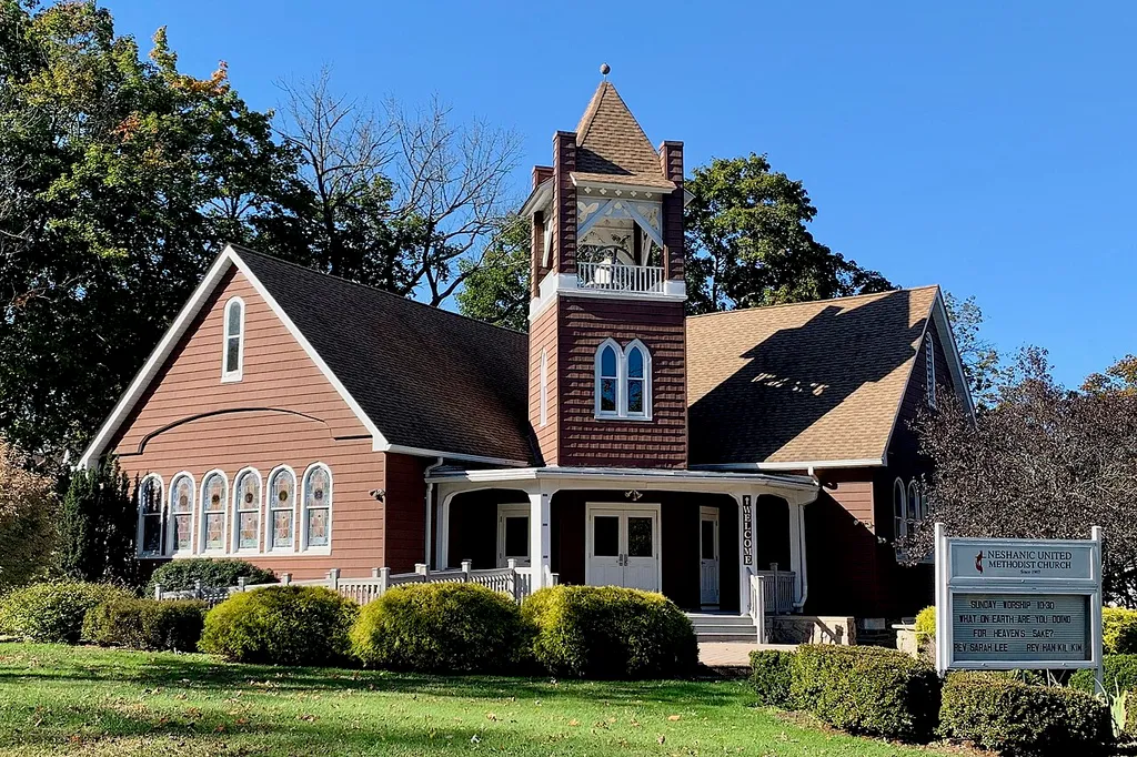 Neshanic United Methodist Church in Neshanic Station, New Jersey. Built 1907–1908. Shingle/Gothic Revival style. Contributing property #33 of Neshanic Station Historic District.