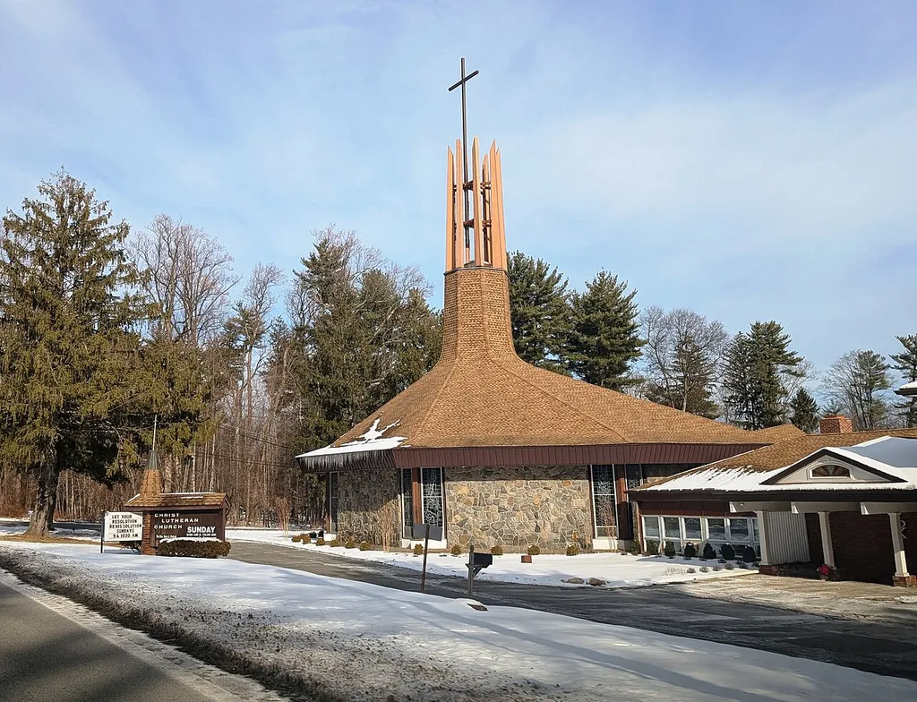 Photo of the Christ Lutheran Church in Woodcliff Lake, New Jersey. Photo taken from County Route 63 (Pascack Road) looking northeast.