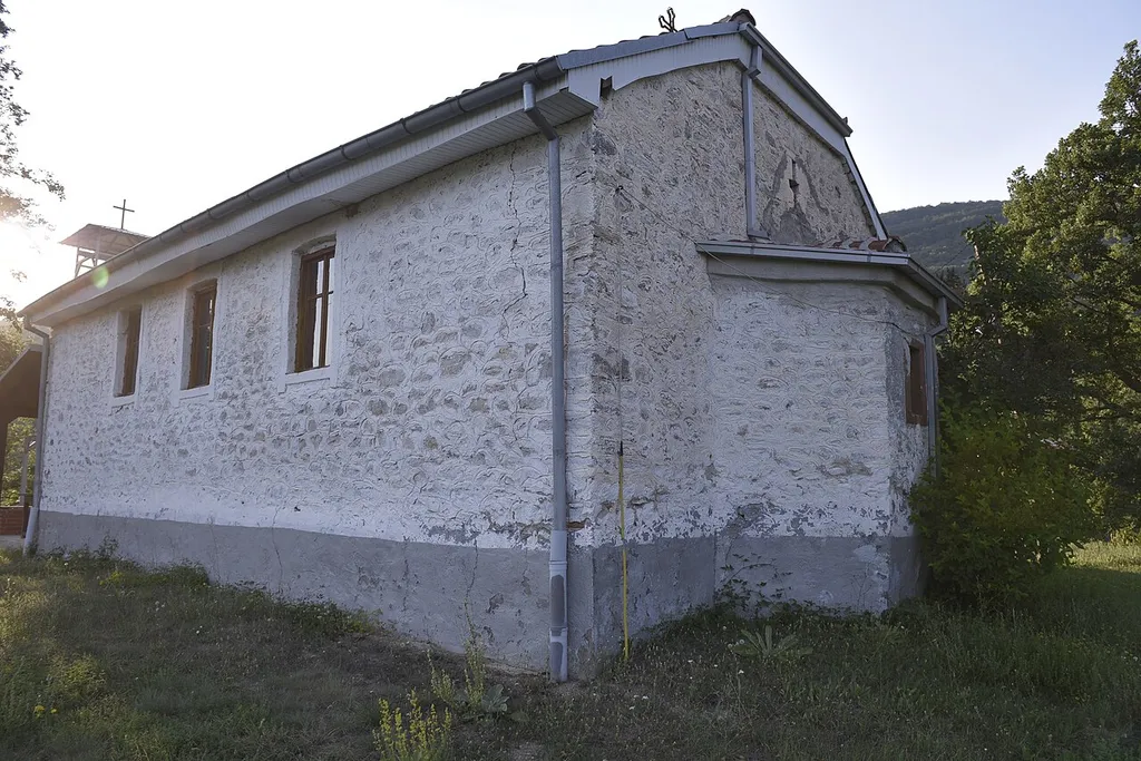 The apse and the southern wall of the Ascension of Christ Church in the village of Gorno Krušje, Resen Municipality.