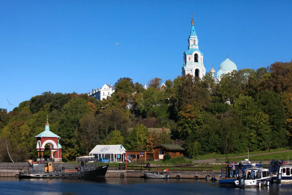 Valaam, pier and the Saviour-Transfiguration Cathederal.