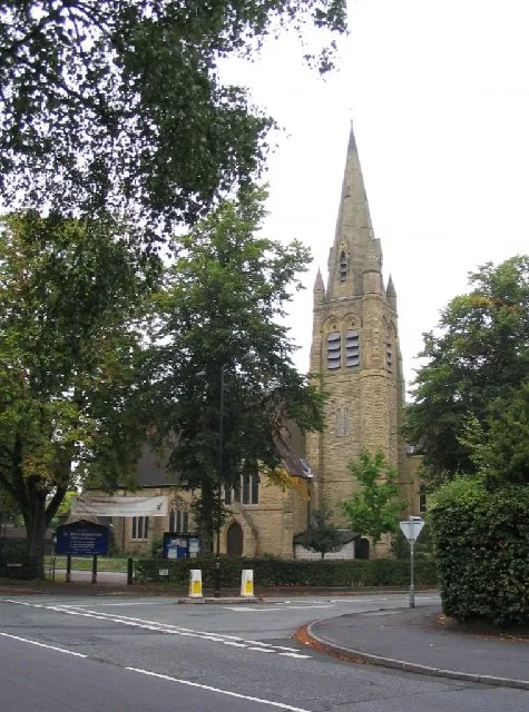 Parish church of St Mary Magdalene, Ashton on Mersey, Greater Manchester, seen from the south at the junction of of Harboro Road and Moss Lane
