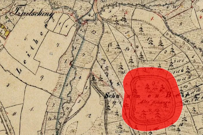Lageplan von Burgstall Schanzenberg (Traitsching) auf dem Urkataster von Bayern