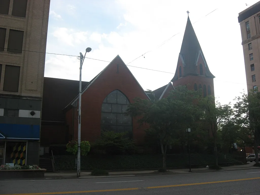 Front of the First Presbyterian Church of Ashland, located at 1600 Winchester Avenue (U.S. Route 23) in Ashland, Kentucky, United States. Built in 1858, it is listed on the National Register of Historic Places, and it is part of a Register-listed historic district, the Ashland Commercial Historic District.