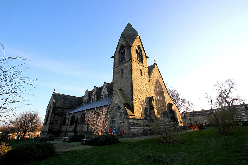 St Stephen's Church, Newton Street, West Bowling, Bradford, England. The church was designed by Mallinson and Healey, and consecrated in 1860. The carving on the interior corbels and the exterior label stop heads is by William Ingle and Catherine Mower respectively.