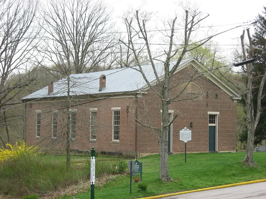 Front and eastern side of the Old Bethany Church, located at the intersection of Main (West Virginia Route 67) and Church Streets in Bethany, West Virginia, United States. Built in 1852, it is listed on the National Register of Historic Places, and it is part of a Register-listed historic district, the Bethany Historic District.