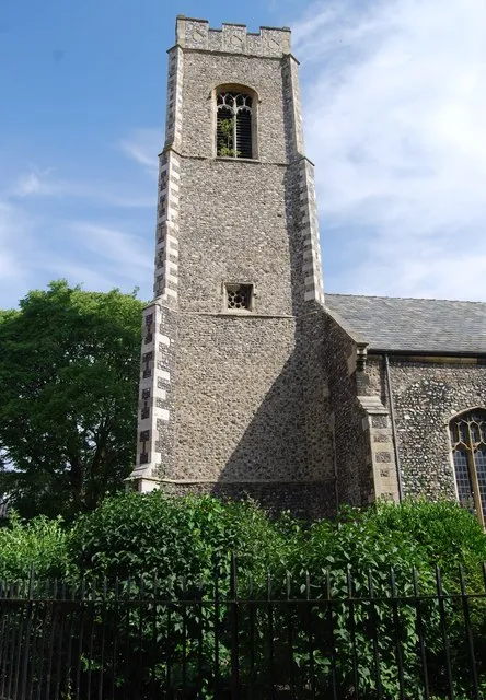 West tower of St Clement's parish church, Colegate, Norwich, Norfolk, seen from south-southeast