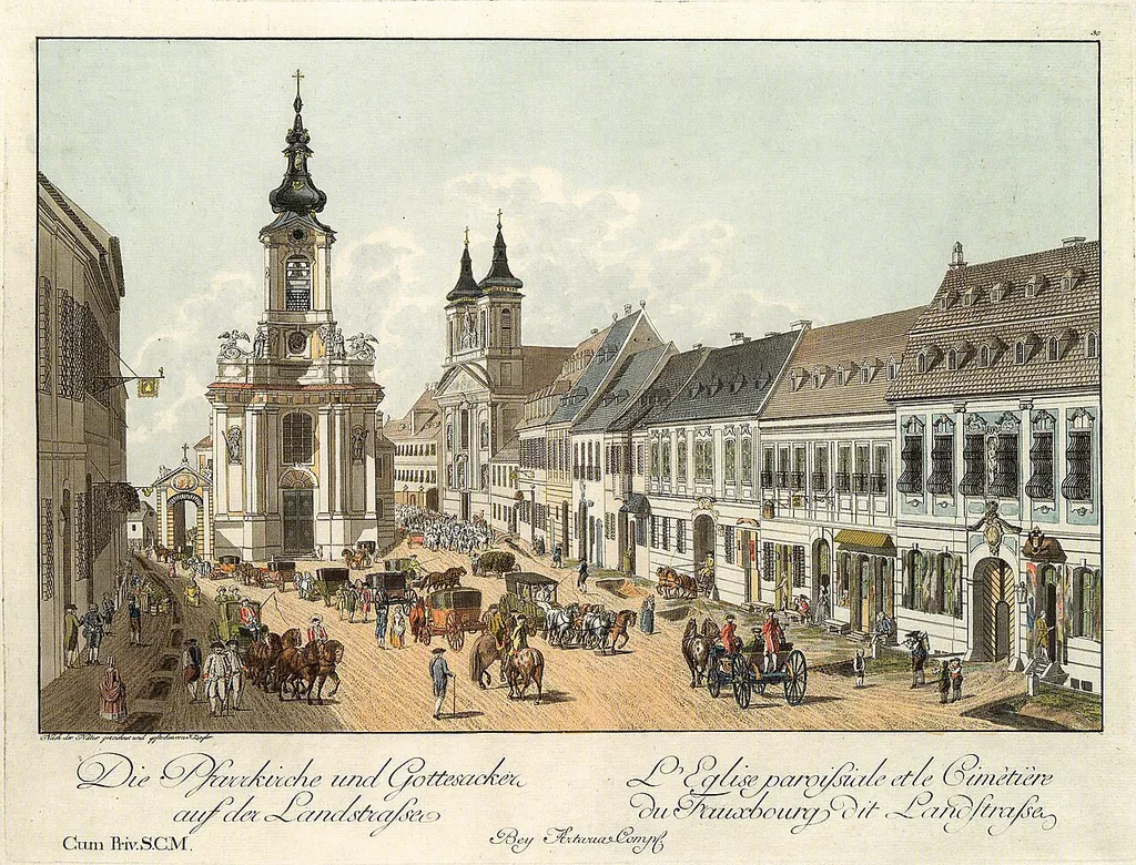 Ansicht der 1784 abgerissenen Nikolaikirche an der Stelle des heutigen Rochusmarktes in Wien-Landstraße: Blatt aus den Wien-Ansichten des Verlags Artaria von Johann Ziegler mit der Bezeichnung Die Pfarrkirche und Gottesacker auf der Landstraße.