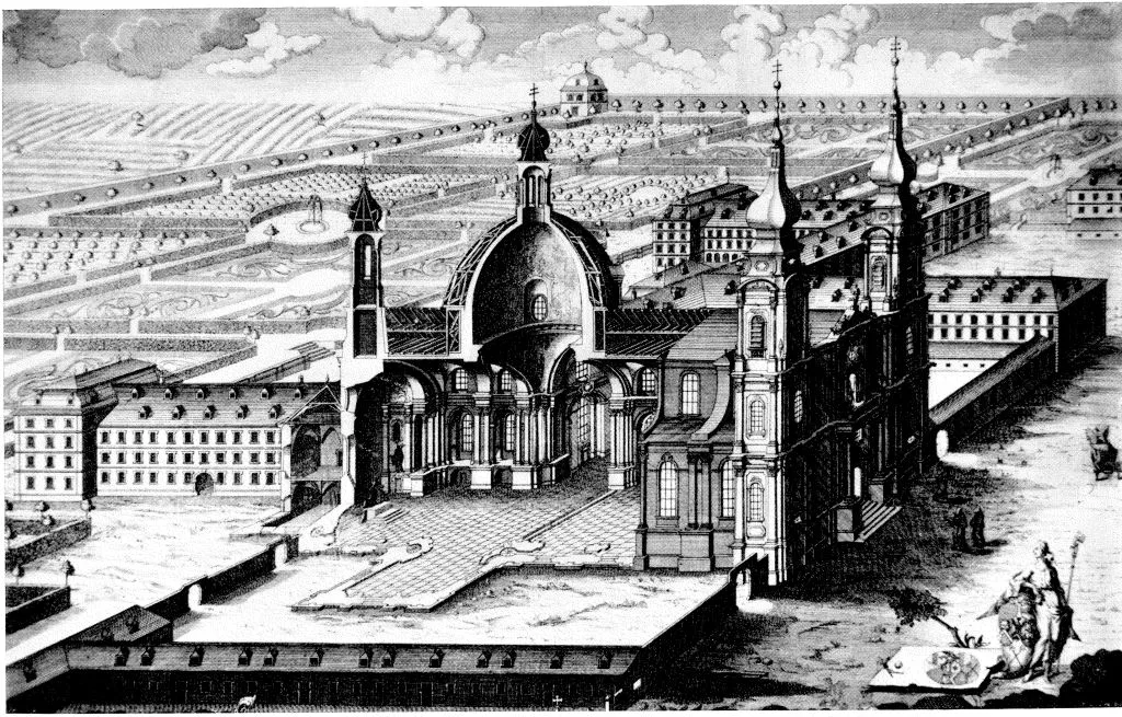 Kirche, Balthasar Neumann, Kupferstich 1743, Münsterschwarzach