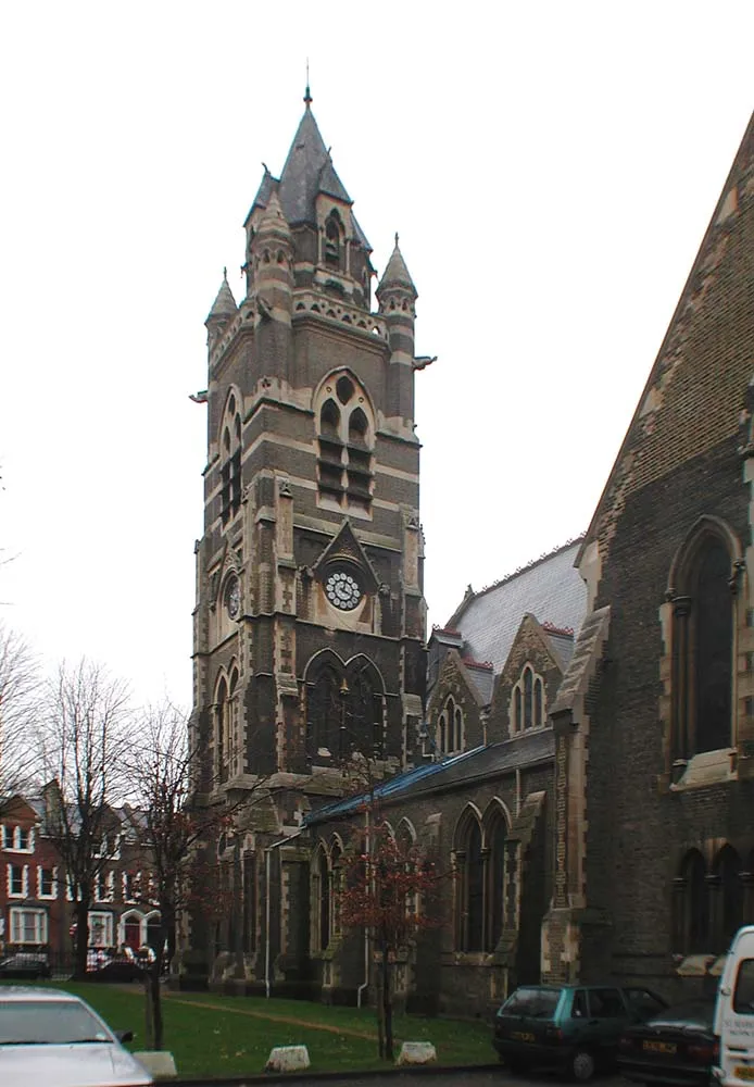 West tower of St Mark's parish church, Colvestone Crescent, Dalston, London E8, seen from the southeast