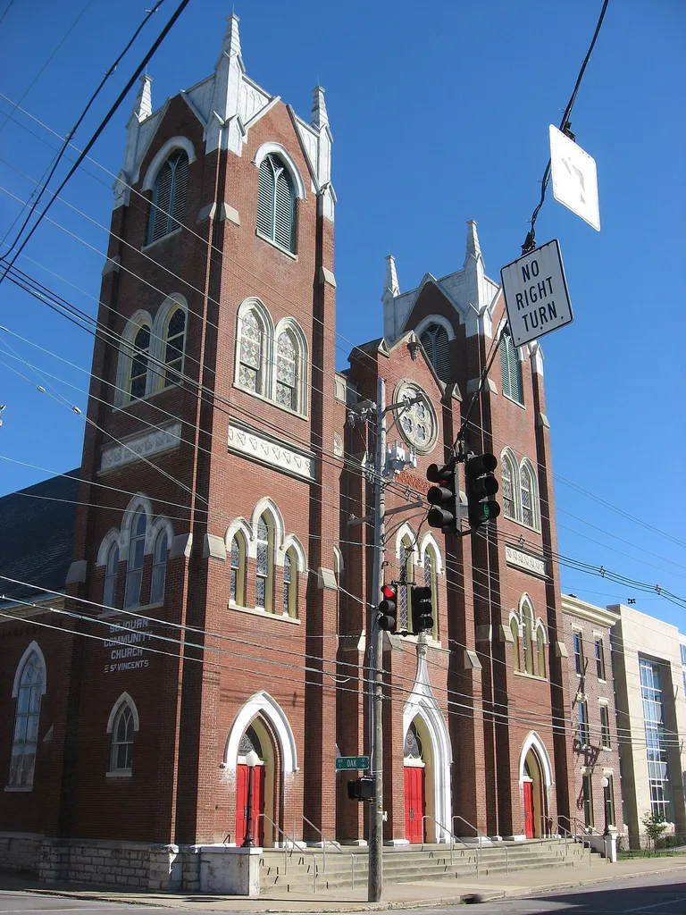Front of the former St. Vincent de Paul Catholic Church (now used by a congregation of a tiny Protestant denomination), located at 1207 S. Shelby Street in Louisville, Kentucky, United States. Built in 1884, it is listed on the National Register of Historic Places.