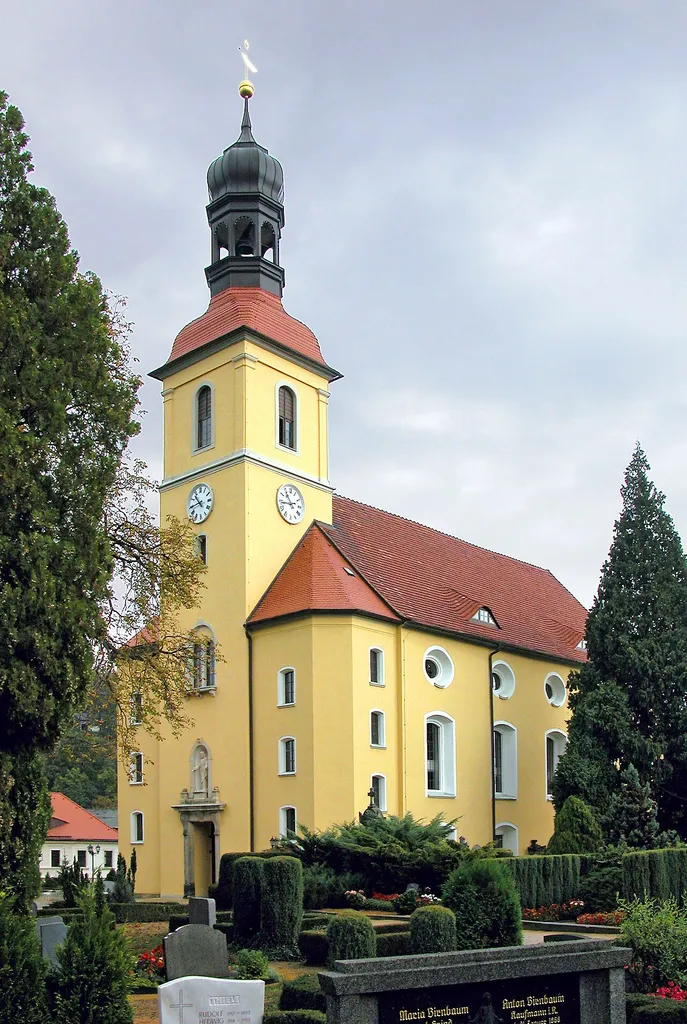 04.10.2003 02779 Großschönau, Theodor-Haebler-Straße 11: Evangelische Kirche, Barockbau von 1705 (GMP: 50.898512,14.663003). Sicht von Südwesten.[-]200301004100DR.JPG(c)Blobelt