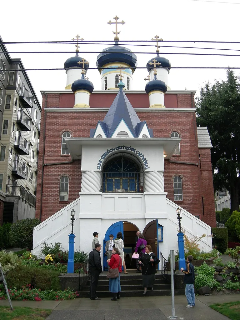St. Spiridon Russian Orthodox Cathedral, also known as Greek Catholic Cathedral of St. Spiridon (affiliated with Orthodox Church in America), Seattle, Washington, USA. An official Seattle city landmark.