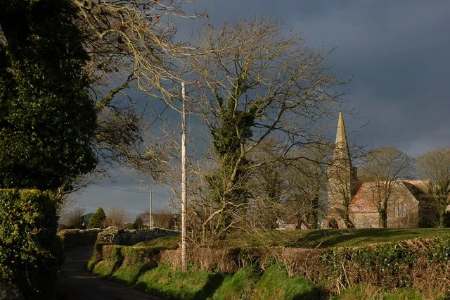 Drumore Road near Ballyculter, County Down, Northern Ireland, with Christ Church Church of Ireland parish church on the right. There has been a church on theis site since the Middle Ages. Much of the present church is thought to have been built in 1657. It was altered in 1882.