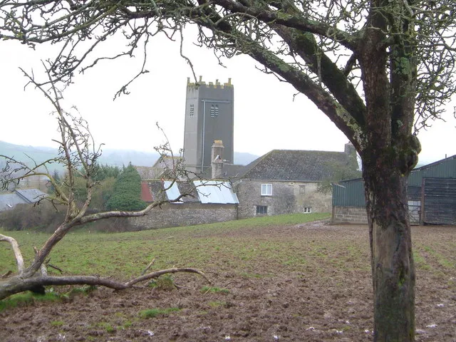 Woodland. View of the tiny village from the west, with Higher Woodland Farm and St John's church. It's been raining, hence the discolouration of the render on the west-facing wall of the tower.