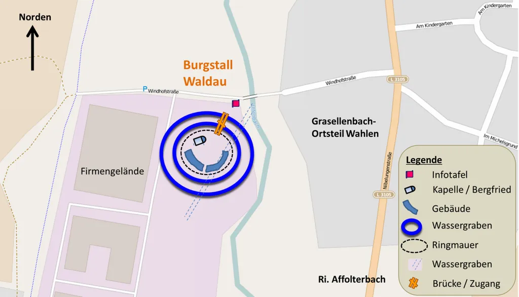 Lageplan des Burgstalls Waldau in Grasellenbach OT Wahlen