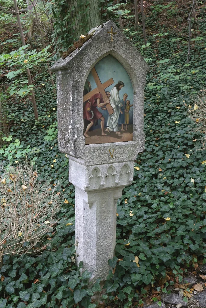 Karmeliterweg, Mainburg; Kreuzweg, 14 Stationen, ädikulaartige Bildstöcke mit spitzbogigen Bildfeldern, auf Pfeilern mit Blendmaßwerken, neugotisch, 1854