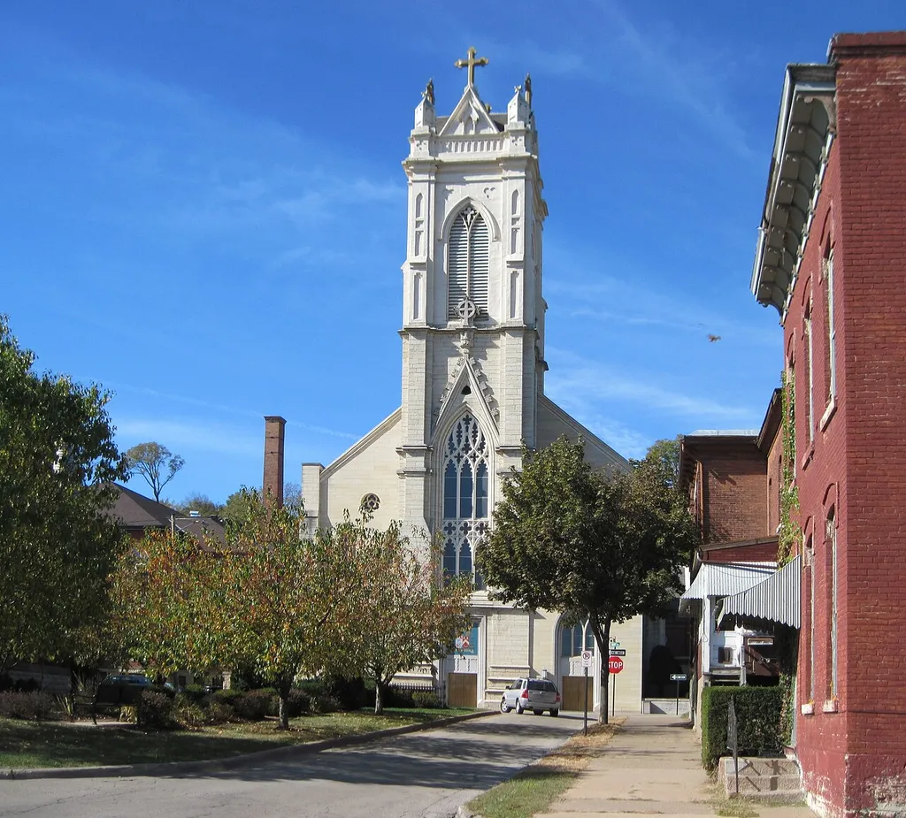 Façade of St Raphael's Cathedral in Dubuque's Cathedral Historic District.