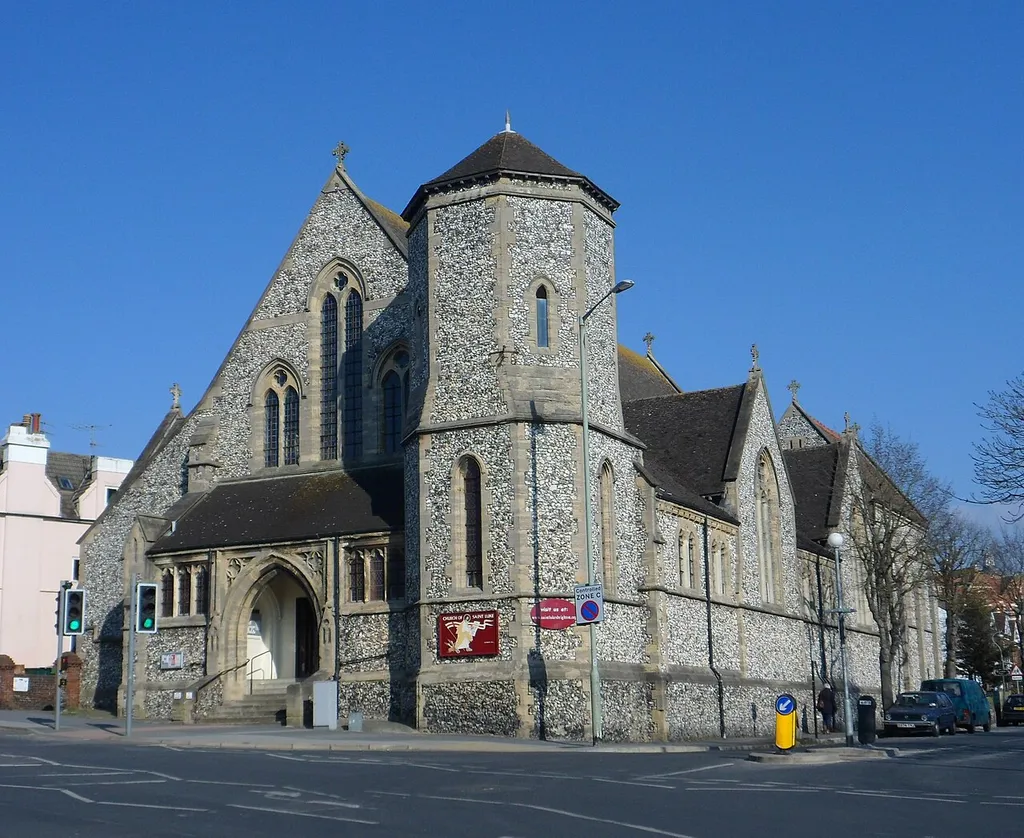 St Luke's Church, junction of Queen's Park Road (foreground) and Queen's Park Terrace, Queen's Park, City of Brighton and Hove, England. A late-19th-century Grade II-listed Anglican church in a prosperous eastern suburb of the city.