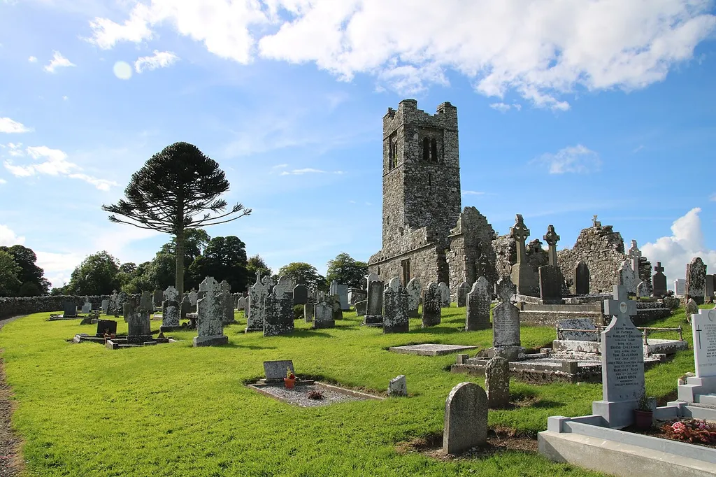 A view of the old church and graveyard on the site of the Hill of Slane on a sunny summers day