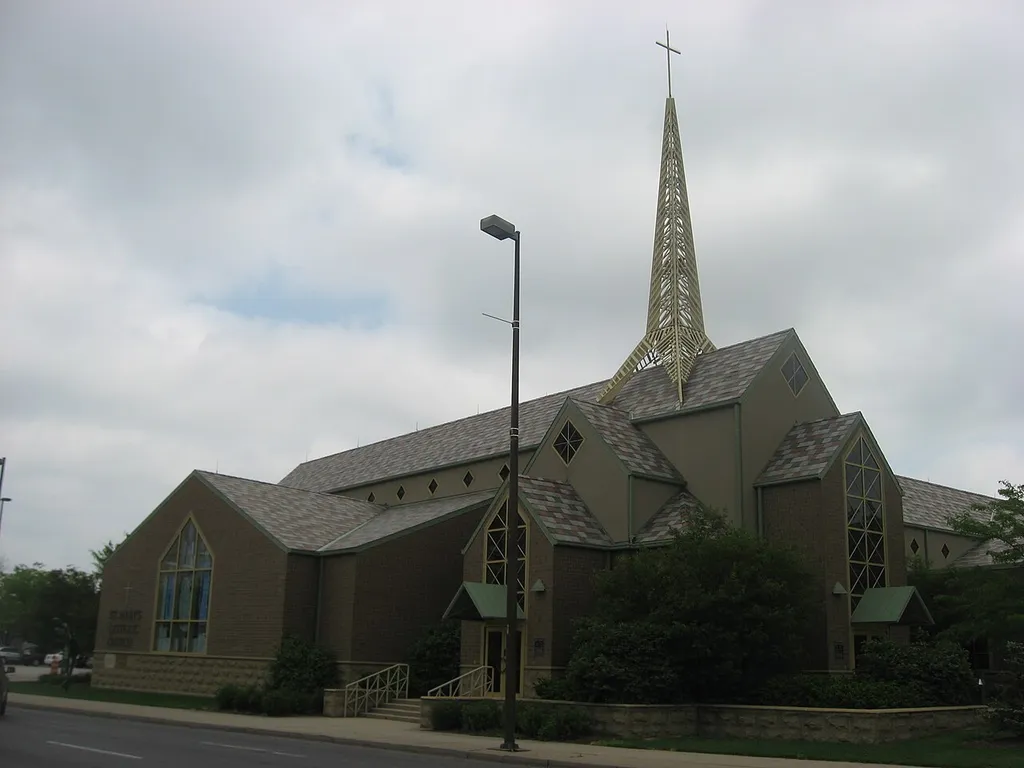 Front of St. Mary's Catholic Church, located at 1101 S. Lafayette Street (U.S. Route 27) in Fort Wayne, Indiana, United States. Built in 1998, it sits on the site of two former St. Mary's Churches, which were built in 1886 and 1858. The later of the two previous buildings was listed on the National Register of Historic Places in 1984 but removed after a lightning-sparked fire destroyed it in 1993.