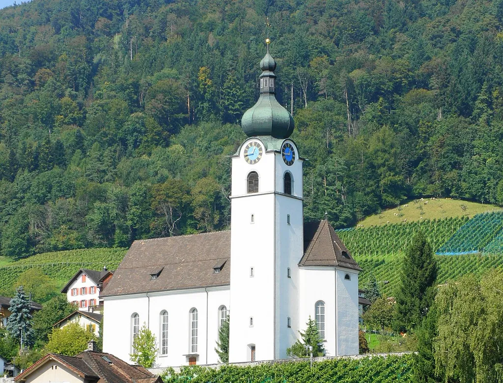 (Ausschnitt aus Datei:Balgach kath. Kirche so) Blick von Südosten auf die katholische Kirche mit Rebberg im Vorder- und Hintergrund. Am Hang über den Rebbergen erstreckt sich ein Wald bis zum Horizont. Auf der Südostseite der Kirche erhebt sich der Kirchturm zwischen Kirchenschiff und Chor. Der Turm hat ein doppeltes Zwiebeldach. Auf der oberen, kleineren Zwiebel ist eine goldene Kugel und darüber steht ein Kreuz mit Strahlen.