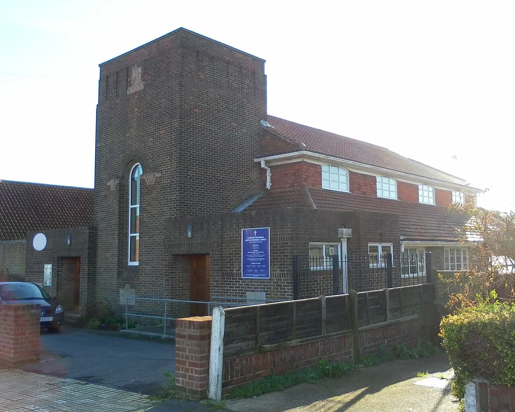 Hounsom Memorial United Reformed Church, Nevill Avenue, Hangleton, City of Brighton and Hove, England. A United Reformed church in the Hangleton area of Hove, designed by John Leopold Denman and opened in 1938.