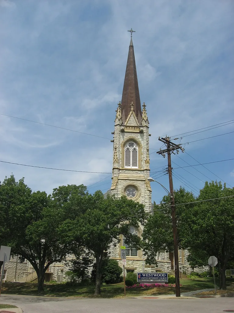 Front of the Westwood United Methodist Church, located at the junction of Epworth, Harrison, and Urwiler Avenues in the Westwood neighborhood of Cincinnati, Ohio, United States. Built in 1896 to a Samuel Hannaford design, it is listed on the National Register of Historic Places, and it is part of a Register-listed historic district, the Westwood Town Center Historic District.