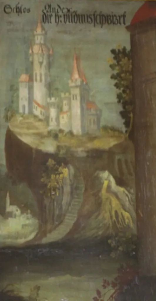 Idealtypische Darstellung der Burg Andechs auf einem Gemälde in Heilig Kreuz, Forstenried (Ausschnitt).