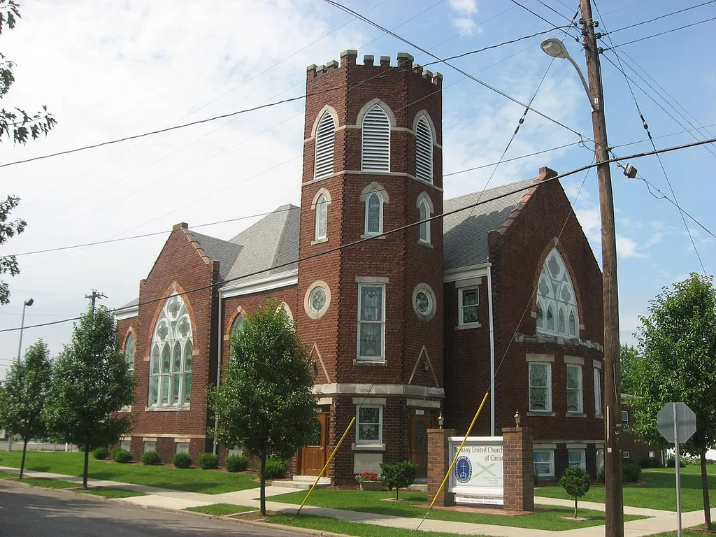 Front of the Bethany United Church of Christ, located at 201 W. Miller Avenue in West Terre Haute, Indiana, United States. Built in 1909, it is listed on the National Register of Historic Places.