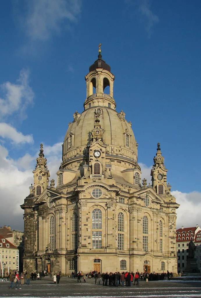 Dresden, Germany, rebuilt Frauenkirche in winter with blue sky