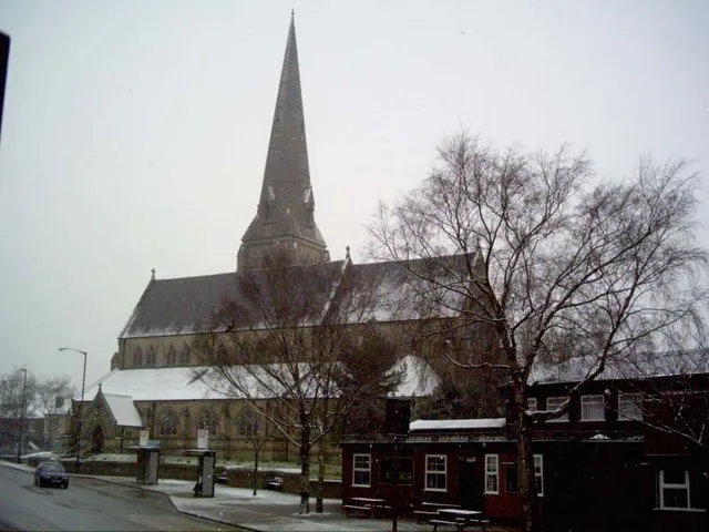 St Luke's parish church, Heywood, Greater Manchester, in snow