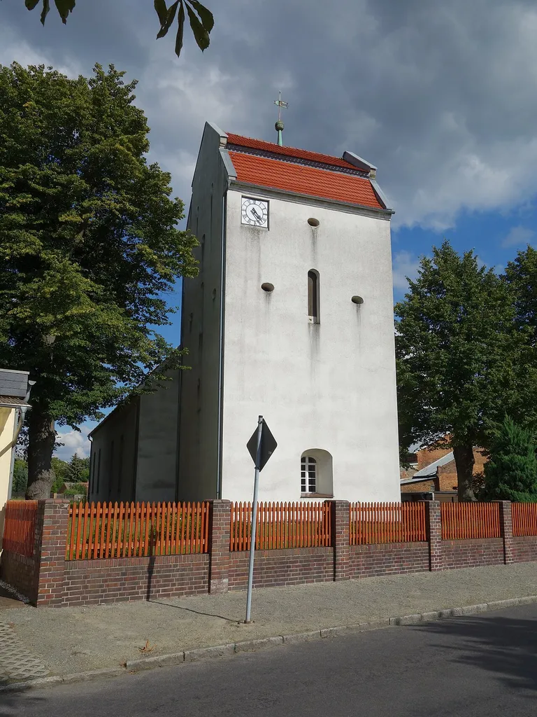 West-north-western view of church in Freienhufen, Großräschen municipality, Oberspreewald-Lausitz district, Brandenburg state, Germany.